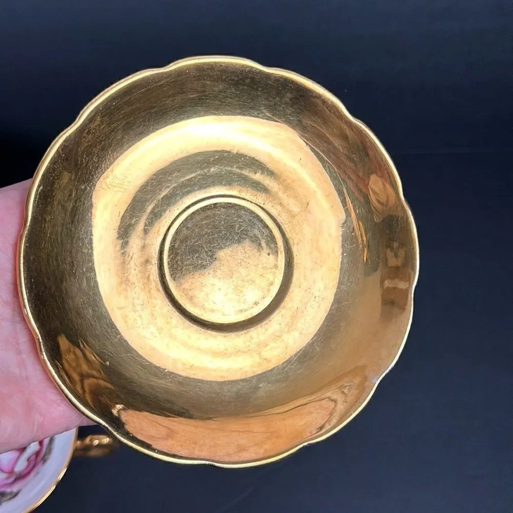 Vintage Taylor & Kent Large Pink Cabbage Rose Tea Cup Saucer Heavy Gold Signed